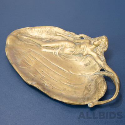 Heavy Cast Bronze Art Nouveau Visiting Card Tray, Featuring Scantily Clad Water Nymph Lady Reclining on a Lily Pad