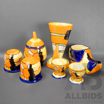 Art Deco Clarice Cliff 'Bizarre' Style Wares - Breakfast Set with Egg Cups, Jam Pot & Salt & Pepper Shakers