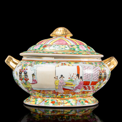 Large Cantonese Polychrome Tureen Decorated with Interior Scenes and Florals, Two Handles