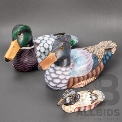 Collection of Three Small Vintage Decoy Hand Carved and Hand Painted Wooden Ducks Made in the People’s Republic of China