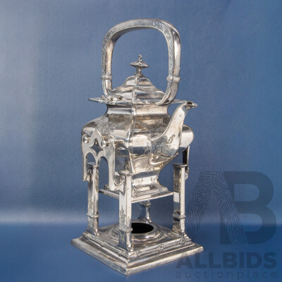 Antique Silver Plated Pagoda Style Teapot on Spirit Stand, with Fine Etched Detail and Large Handle, Marked for Victor Silver Company USA