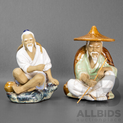Pair of Vintage Shiwan Ceramic Glazed Pottery Incense Holder Figurines