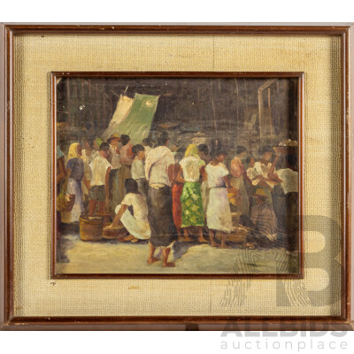 Elias Laxa, (20th Century, Filipino, 1904-1990), Village Street Market, Original Vintage Oil on Canvas Board, 39 x 45 cm (frame)