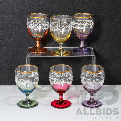 Set of 6 Vintage (1970s) Coloured Etched Glasses
