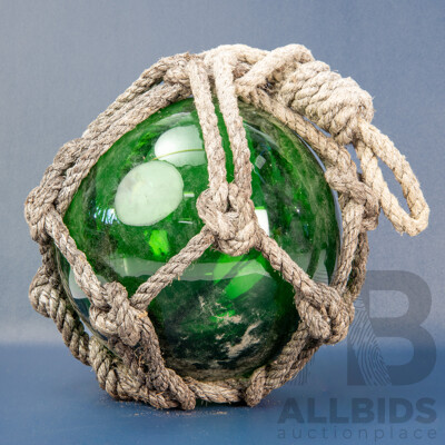 Vintage Rope Bound Handblown Green Glass Fishing Float