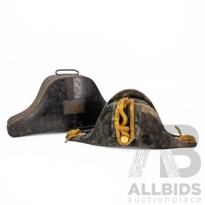 Rare Antique Naval Officer's Black 'Beaver' Cocked Hat with Hat Tin 