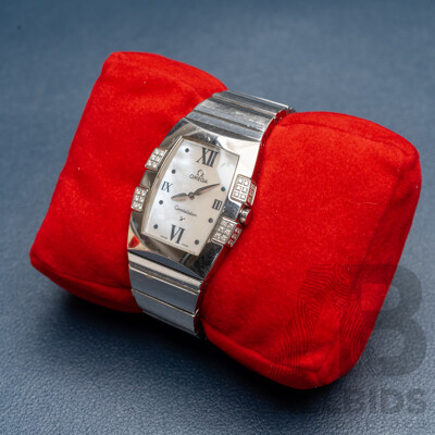 Omega Constellation Quadrella Ladies Watch Stainless Steel Diamond Bezel Mother-of-Pearl Dial C.2005 Box & Papers