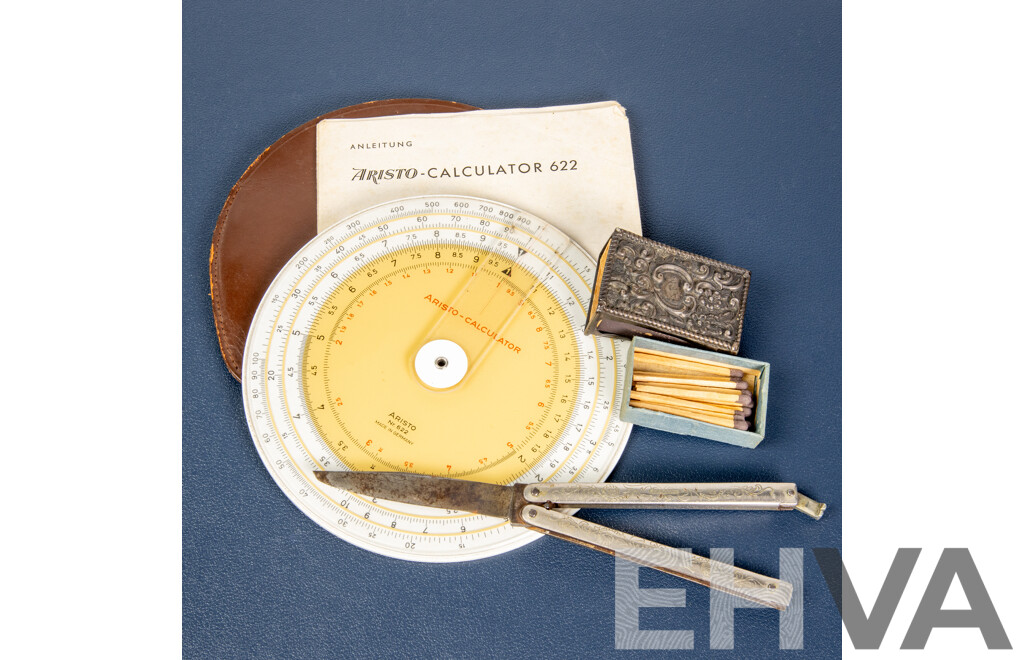 Antique J Dirlam Folding Knife, Ornate Matchbox Holder and Aristo Slide Calculator 622, Made in Germany