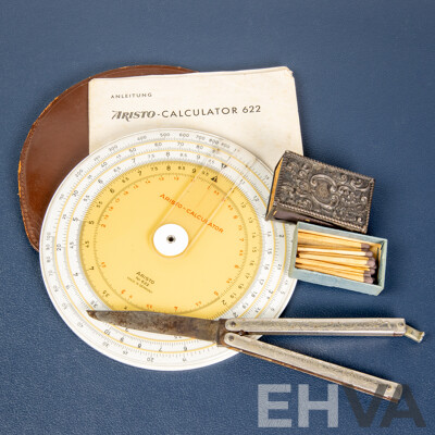 Antique J Dirlam Folding Knife, Ornate Matchbox Holder and Aristo Slide Calculator 622, Made in Germany