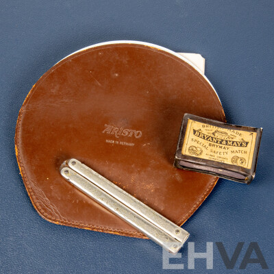 Antique J Dirlam Folding Knife, Ornate Matchbox Holder and Aristo Slide Calculator 622, Made in Germany