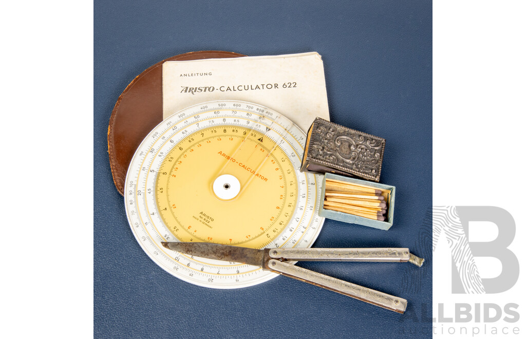 Antique J Dirlam Folding Knife, Ornate Matchbox Holder and Aristo Slide Calculator 622, Made in Germany