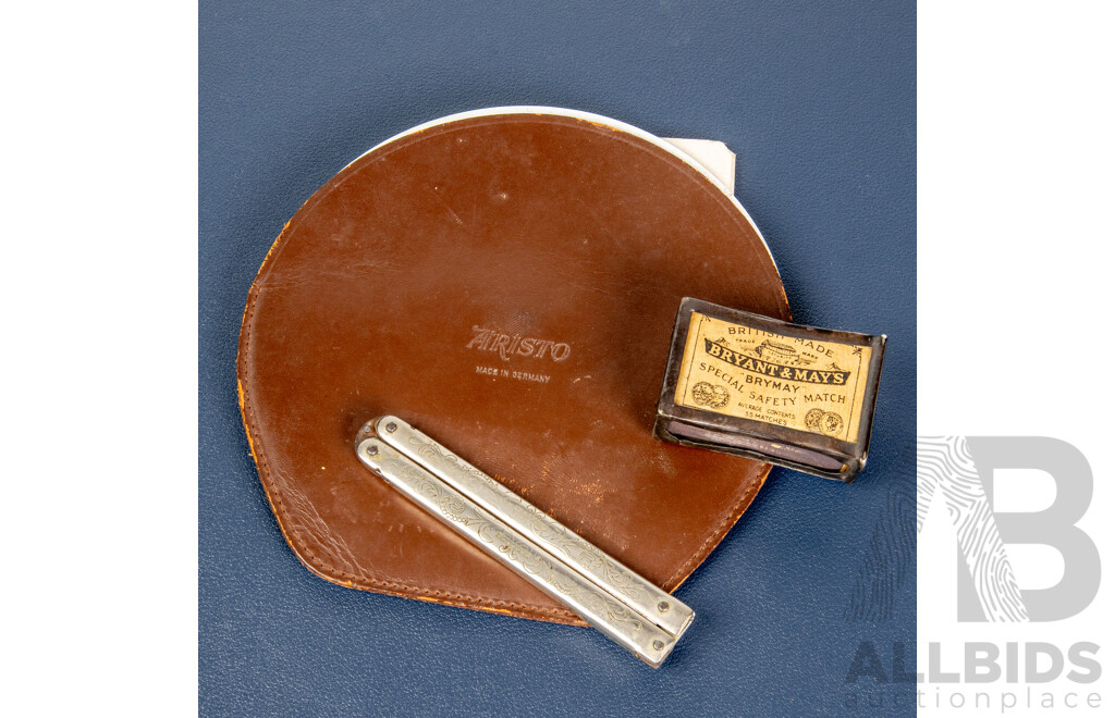 Antique J Dirlam Folding Knife, Ornate Matchbox Holder and Aristo Slide Calculator 622, Made in Germany