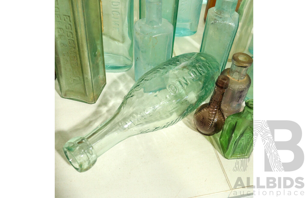 Collection of Antique and Vintage Bottles Including Codd Neck, Norrish and Co Torpedo Bottle, Wahoo Electric Tonic, Ball and Claw Bitters, Model Kew Dairy, Reschs DA, Ink Wells and More