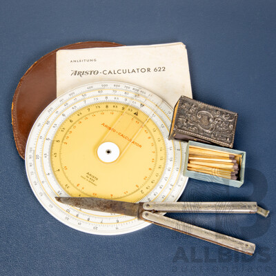 Antique J Dirlam Folding Knife, Ornate Matchbox Holder and Aristo Slide Calculator 622, Made in Germany