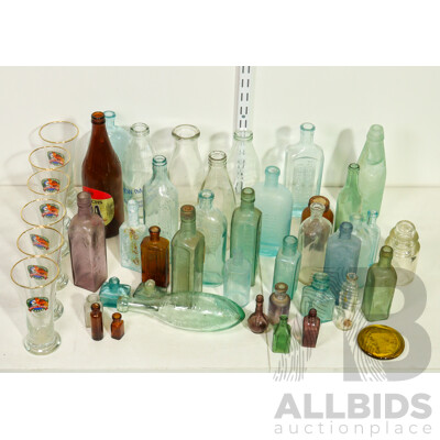 Collection of Antique and Vintage Bottles Including Codd Neck, Norrish and Co Torpedo Bottle, Wahoo Electric Tonic, Ball and Claw Bitters, Model Kew Dairy, Reschs DA, Ink Wells and More