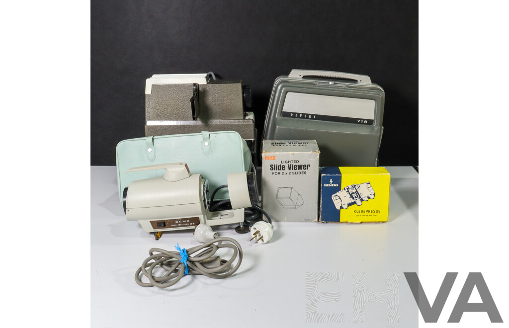 Collection of Vintage Movie Equipment Including Revere 718 8mm Film Projector, Bell & Howell Slide Projector, Siemens Film Splicer, Lighted Slide Viewer and Elmo Slide Projectior
