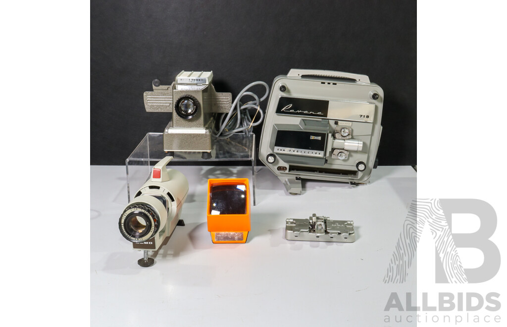 Collection of Vintage Movie Equipment Including Revere 718 8mm Film Projector, Bell & Howell Slide Projector,  Siemens Film Splicer, Lighted Slide Viewer and Elmo Slide Projectior