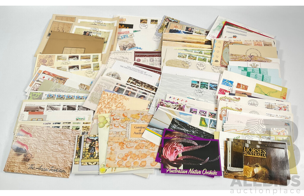Collection of 1980's-1990's Stamp Packs and First Day Cover Sets Including 1989 Gardens of Australia Ten, Five and Dollar Mint Stamps