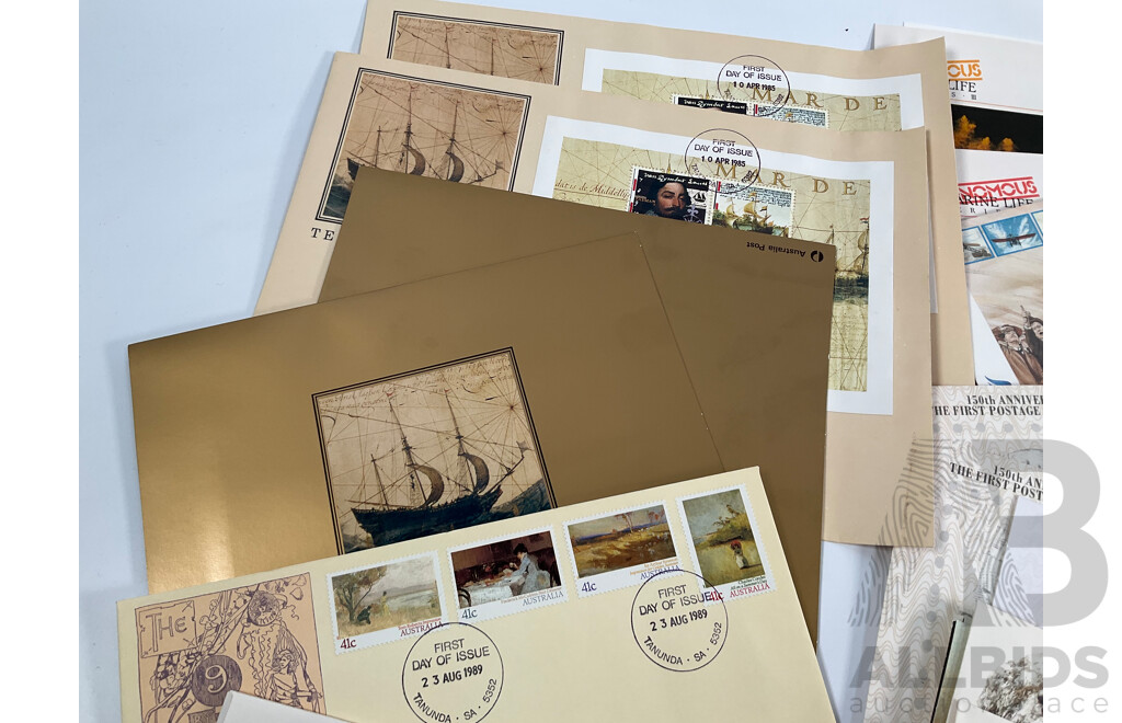 Collection of 1980's-1990's Stamp Packs and First Day Cover Sets Including 1989 Gardens of Australia Ten, Five and Dollar Mint Stamps