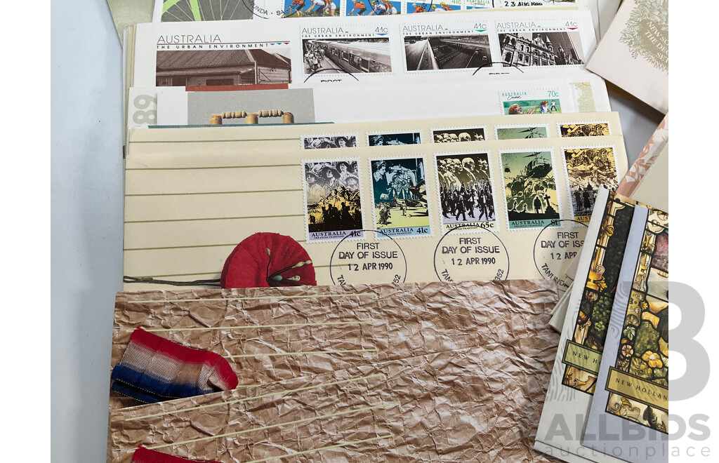 Collection of 1980's-1990's Stamp Packs and First Day Cover Sets Including 1989 Gardens of Australia Ten, Five and Dollar Mint Stamps
