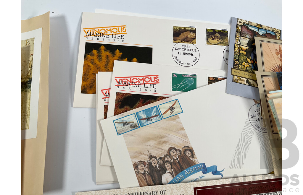 Collection of 1980's-1990's Stamp Packs and First Day Cover Sets Including 1989 Gardens of Australia Ten, Five and Dollar Mint Stamps