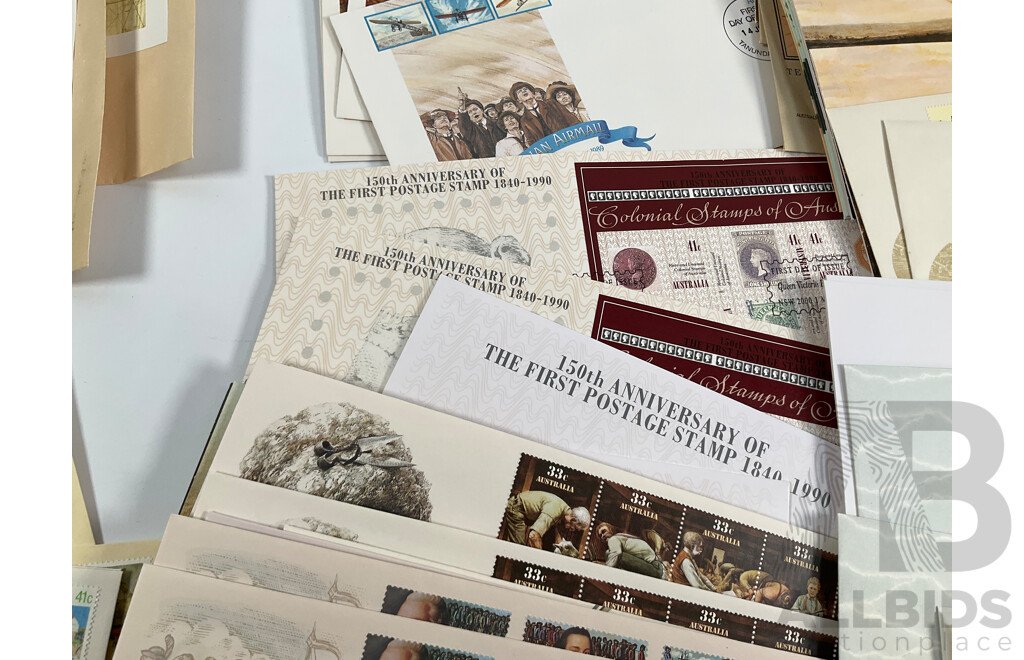 Collection of 1980's-1990's Stamp Packs and First Day Cover Sets Including 1989 Gardens of Australia Ten, Five and Dollar Mint Stamps