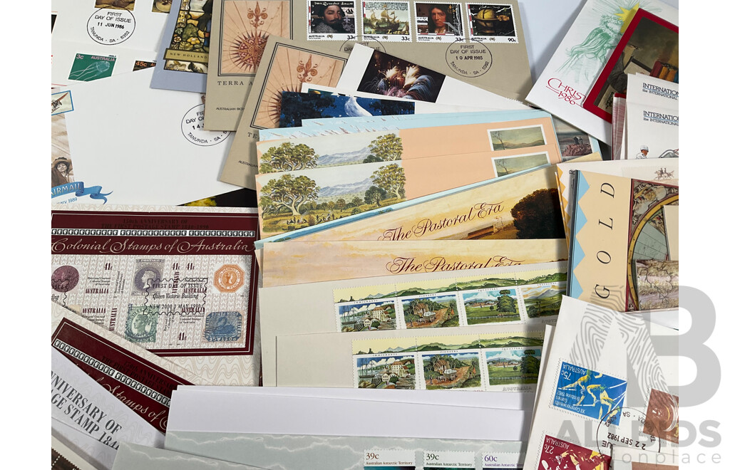 Collection of 1980's-1990's Stamp Packs and First Day Cover Sets Including 1989 Gardens of Australia Ten, Five and Dollar Mint Stamps