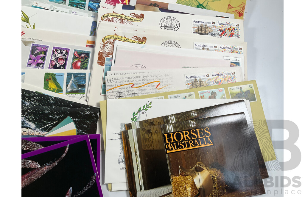 Collection of 1980's-1990's Stamp Packs and First Day Cover Sets Including 1989 Gardens of Australia Ten, Five and Dollar Mint Stamps