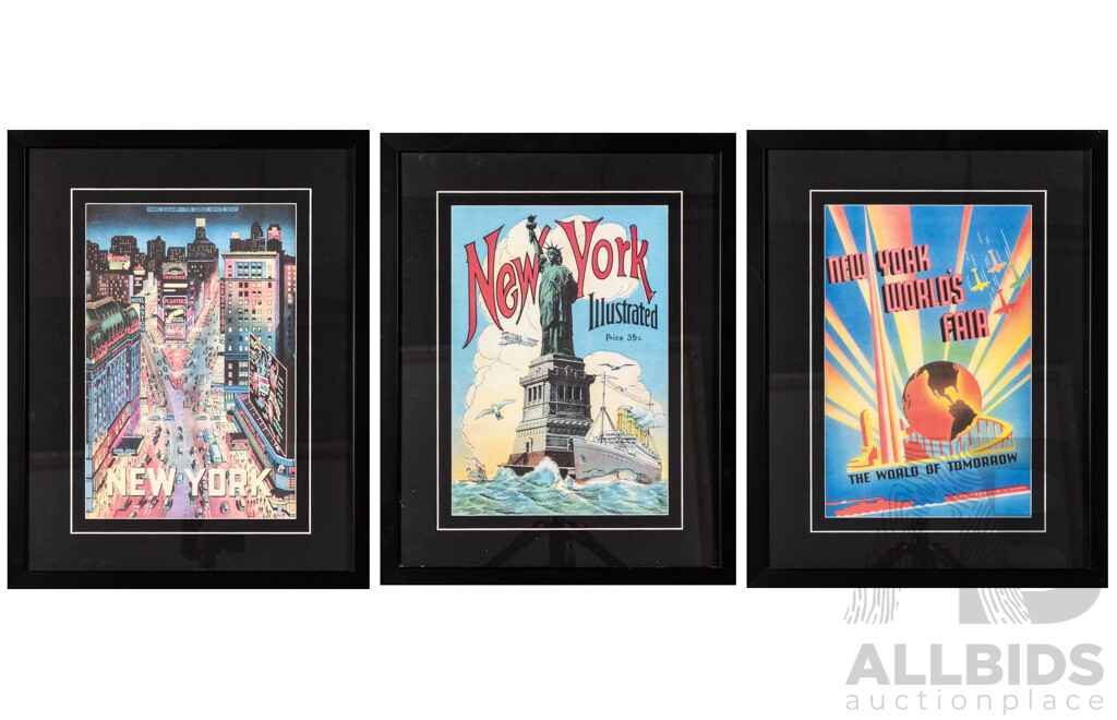 Trio of Retro Colour Vintage-Style Reproduction Colour Quality Prints Featuring New York City, 46 x 37 cm (frames) (3)