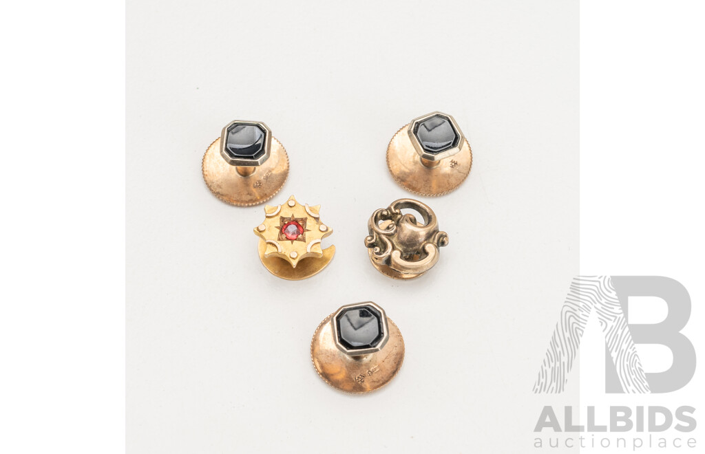 1x 15ct, 4x 9ct Yellow Gold Cuff Buttons. Lot of 5 - 5.1gms