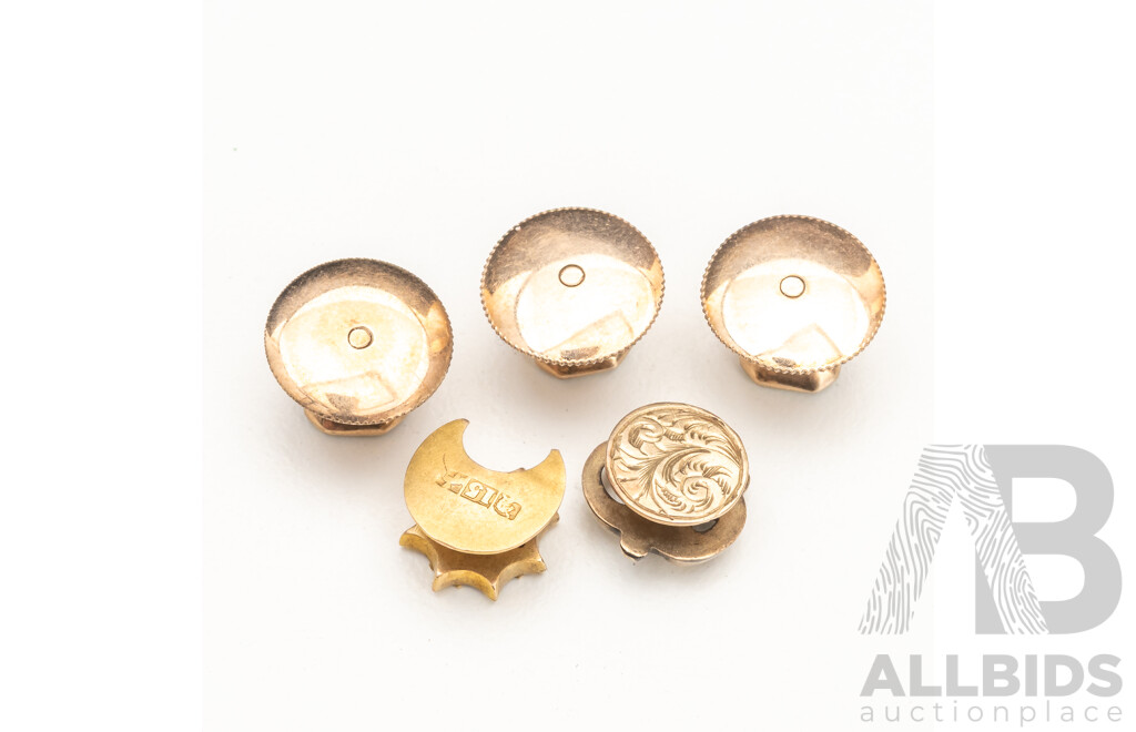 1x 15ct, 4x 9ct Yellow Gold Cuff Buttons. Lot of 5 - 5.1gms