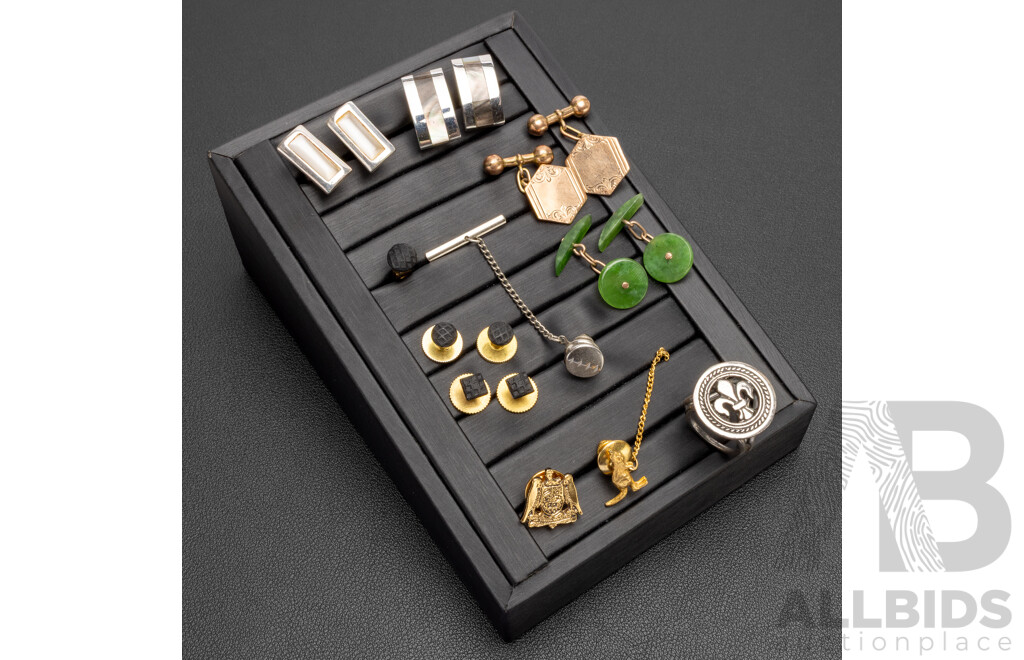 Collection of Men's Cufflinks, Tie Pins and 'Fleur-de-lis' Signet Stamp