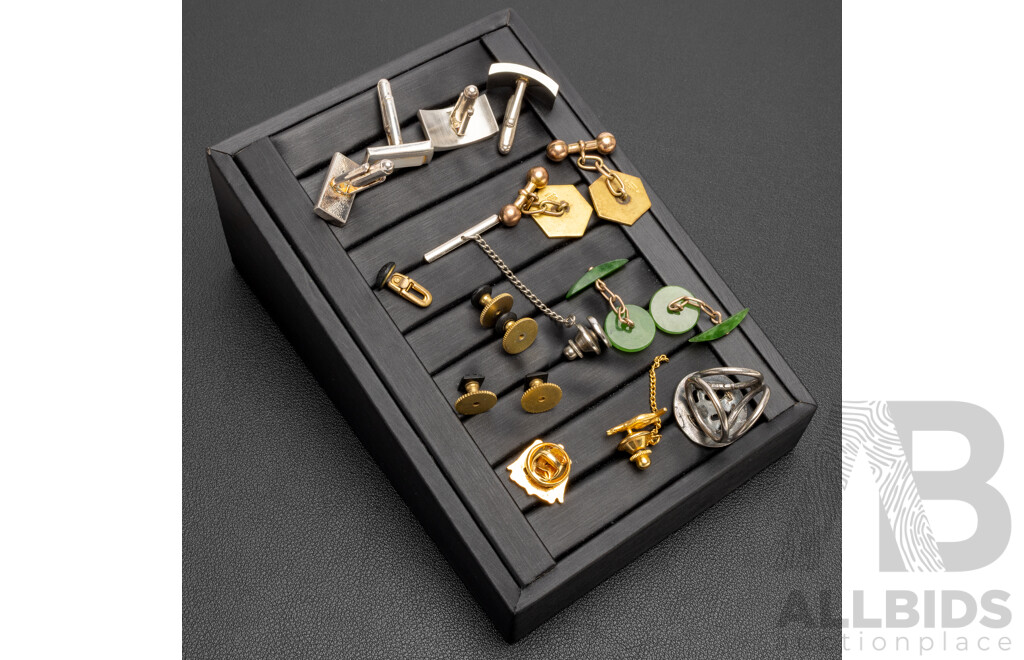 Collection of Men's Cufflinks, Tie Pins and 'Fleur-de-lis' Signet Stamp