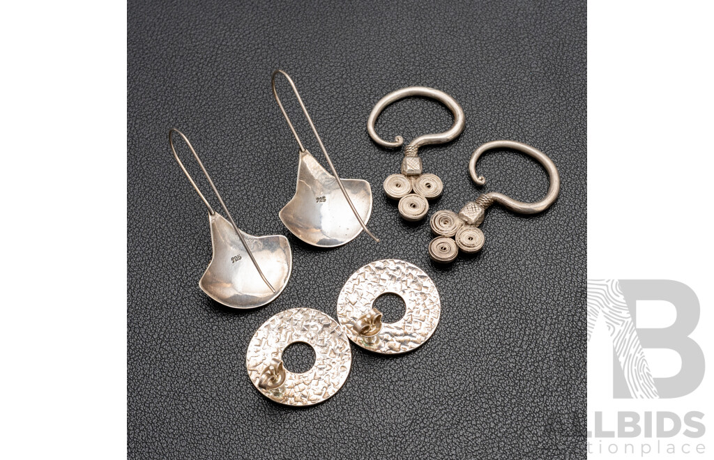 925 Sterling Silver Assorted Earrings. Lot of 3 - 21.75gms