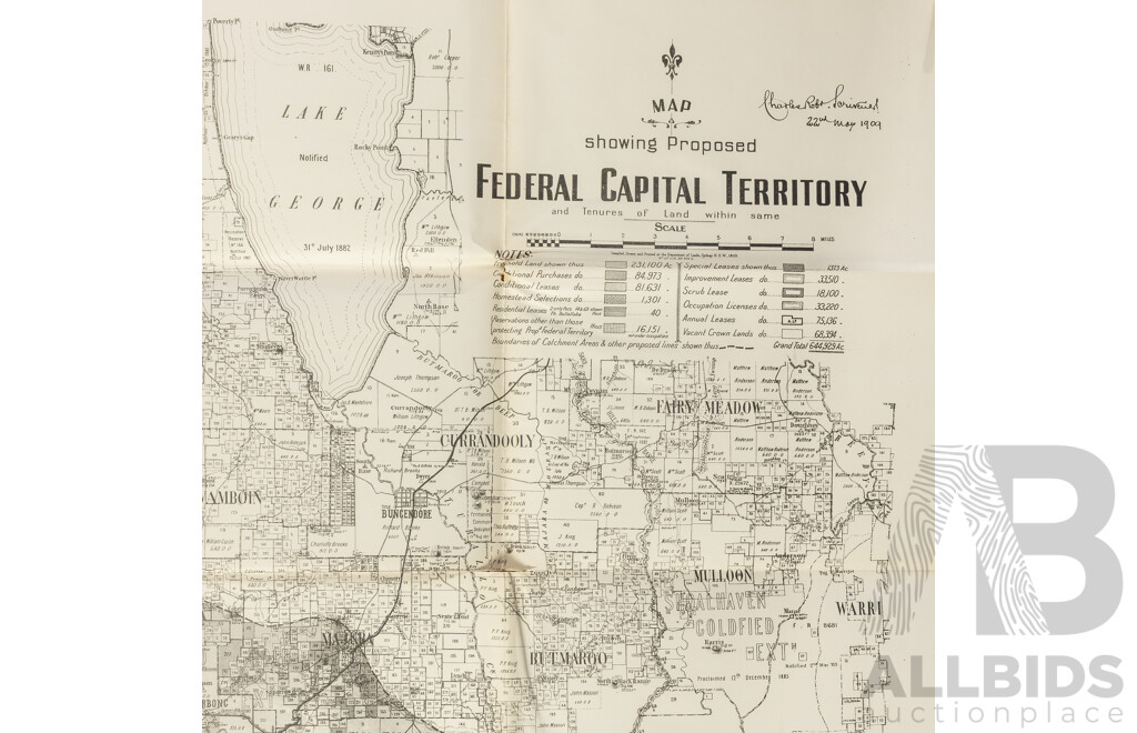 Early Map Showing Proposed Federal Capital Territory Marked 22 May 1909