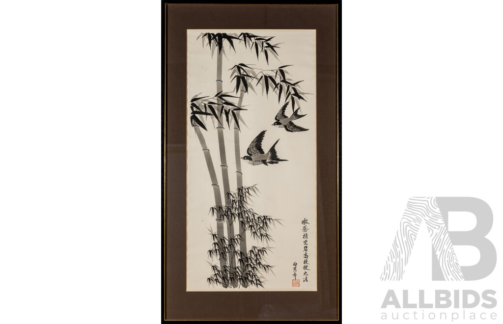 Artist Unknown (20th Century, Chinese School), Tender Stems Swaying in the Air, Tall and Green, Original Vintage Ink Wash & Watercolour, 88 x 49 cm (frame)
