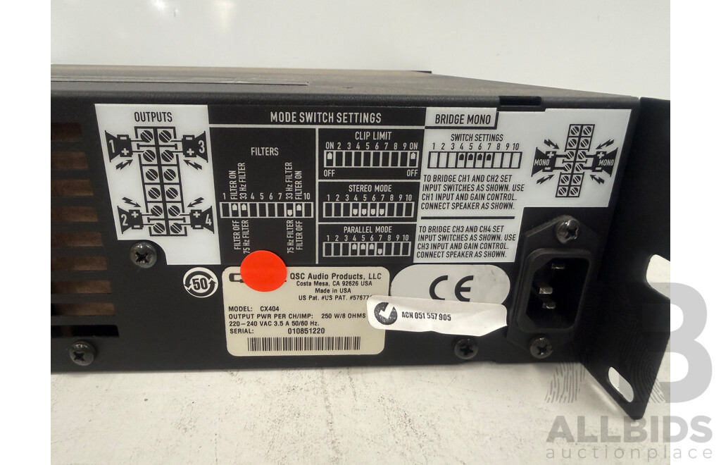 QSC CX404 Ampilifier - 4 Channel - 250 W/8 OHMS