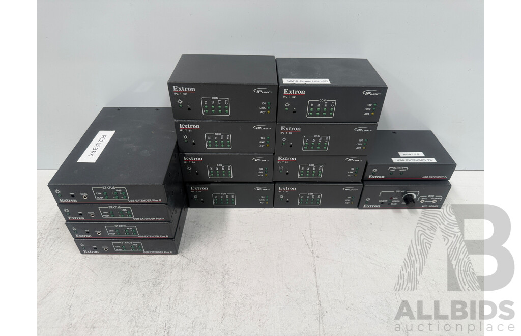 1x Extron IPLTS2 + 1x Extron USB Extender TX + 4x Extron USB Extender Plus R Receiver + 9x Extron IPLTS2 IP Link Controller