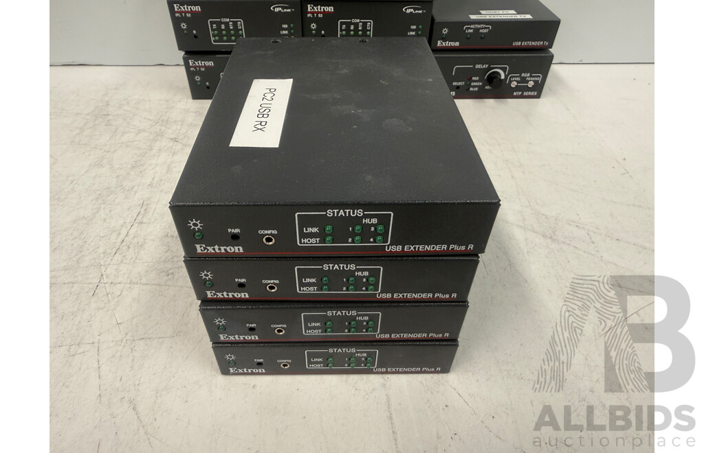 1x Extron IPLTS2 + 1x Extron USB Extender TX + 4x Extron USB Extender Plus R Receiver + 9x Extron IPLTS2 IP Link Controller