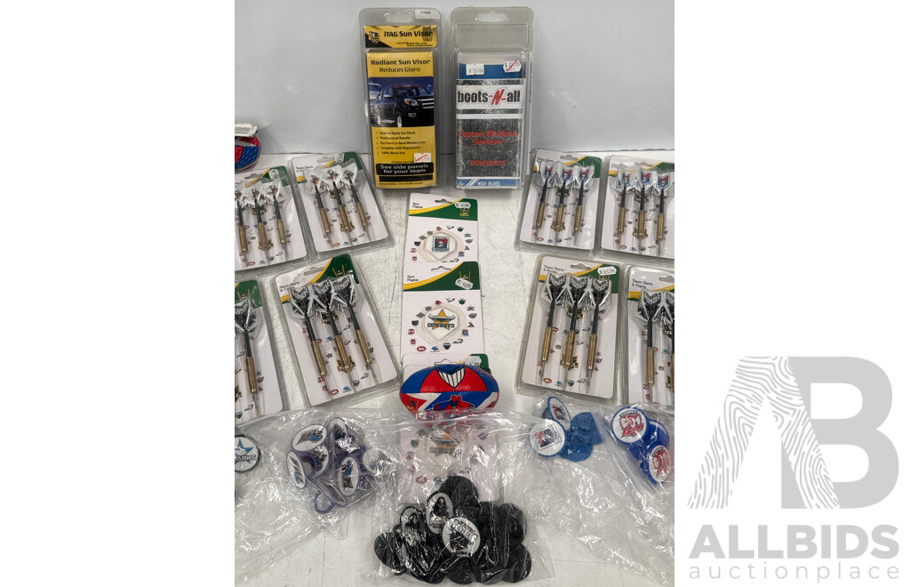 NRL Football Merchandise - Assorted Club Darts + Spares + Soft Balls + Vehicle Club Windscreen Sun Stickers