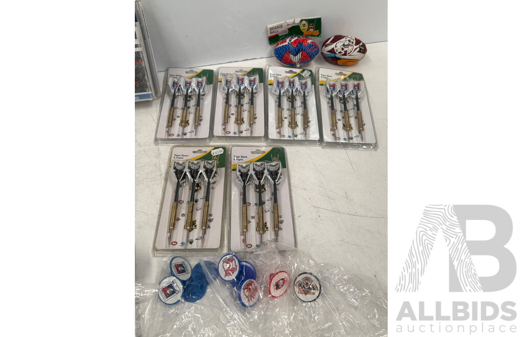 NRL Football Merchandise - Assorted Club Darts + Spares + Soft Balls + Vehicle Club Windscreen Sun Stickers