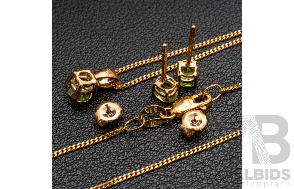 BRAND NEW - 9ct Yellow Gold Peridot Stud Earrings & Necklace Set, 2.80 Grams