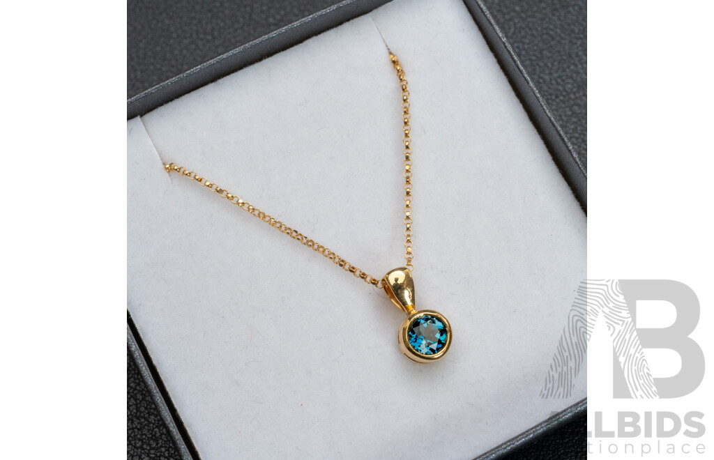 BRAND NEW - 18ct London Blue Topaz Pendant on 9ct Belcher Link Necklace, 5mm, 50cm, 2.86 Grams