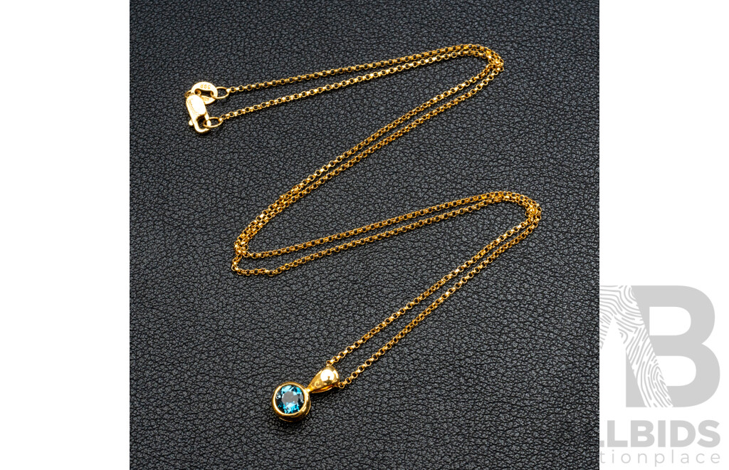 BRAND NEW - 18ct London Blue Topaz Pendant on 9ct Belcher Link Necklace, 5mm, 50cm, 2.86 Grams