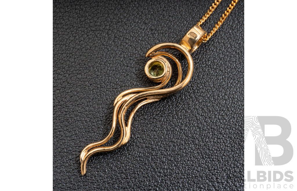 BRAND NEW - 9ct Unique Artisan Peridot Pendant, 45mm, on 9ct Yellow Gold Necklace, 45cm, 6.06 Grams