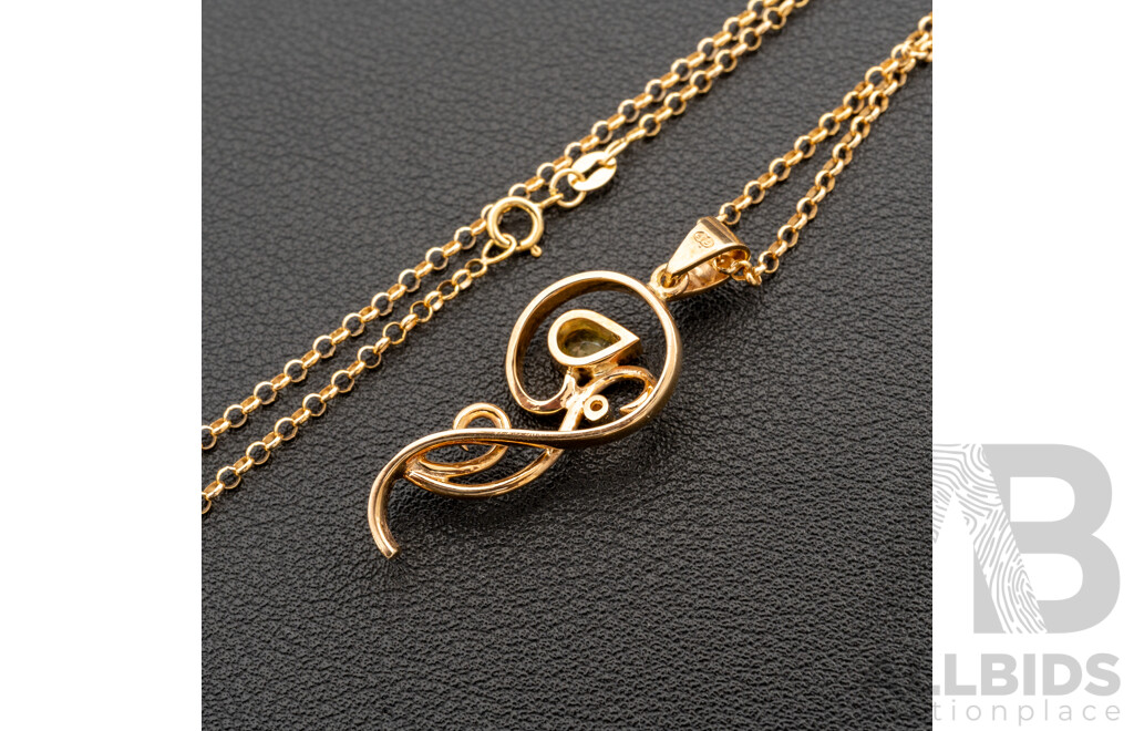 BRAND NEW - 9ct Unique Artisan Green Tourmaline & Diamond Pendant, 37mm, on 9ct Yellow Gold Necklace, 50cm, 6.58 Grams