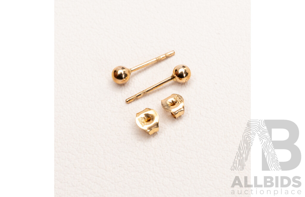 BRAND NEW - 9ct Euro Ball Stud Earrings, 3mm, 0.14 Grams