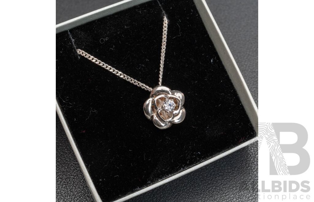 BRAND NEW - Sterling Silver Rose Pendant with Cubic Zirconia on 45cm Curb Link Necklace, 6.63 Grams