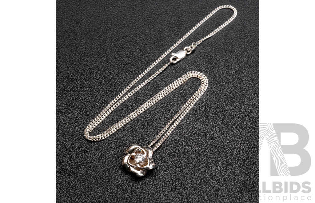 BRAND NEW - Sterling Silver Rose Pendant with Cubic Zirconia on 45cm Curb Link Necklace, 6.63 Grams
