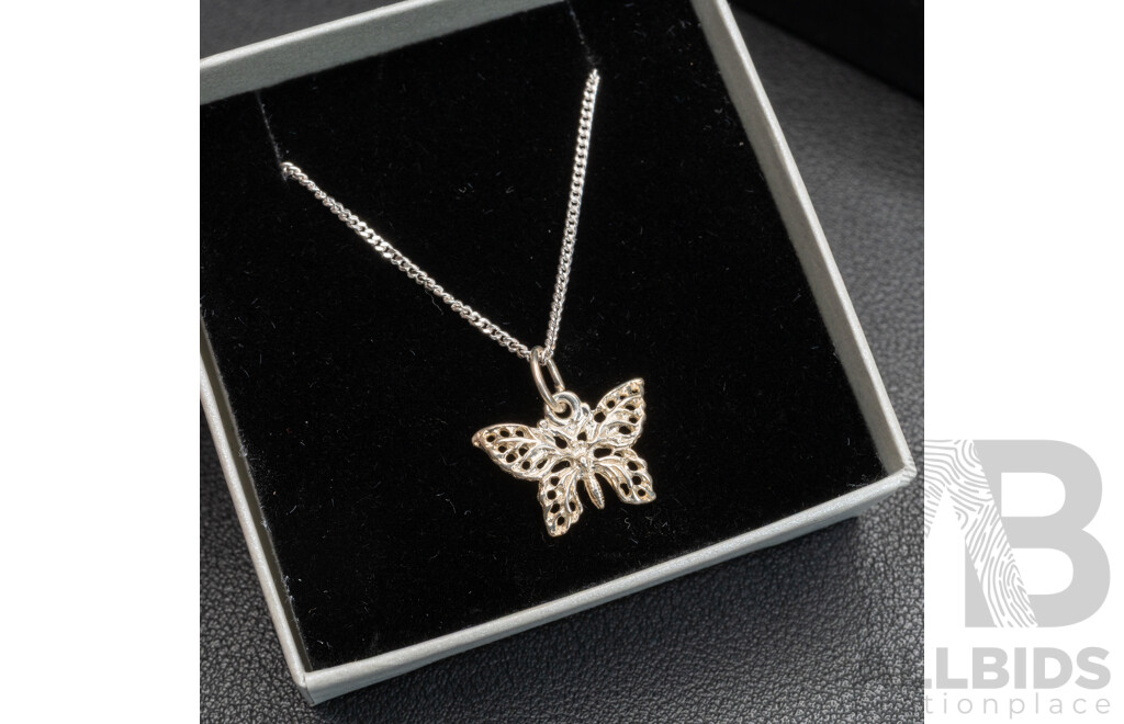 BRAND NEW - Sterling Silver Filigree Butterfly Pendant & Necklace, 3.74 Grams